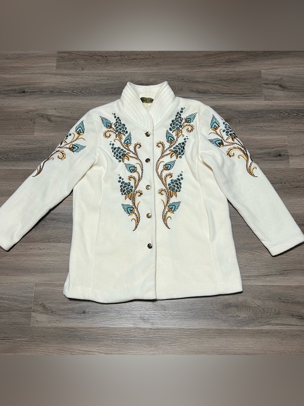 Bob Mackie Wearable Art Fleece Jacket Large Embroidered Cream Brown Collar Lined